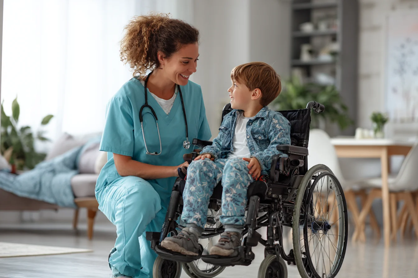 A professional caregiver providing respite care to a child in a wheelchair in Orlando