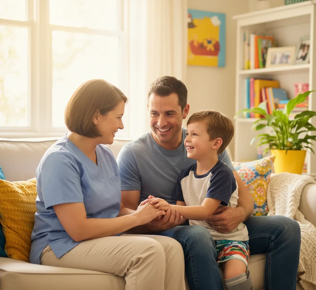 Caregiver interacting with a happy child at home in Orlando