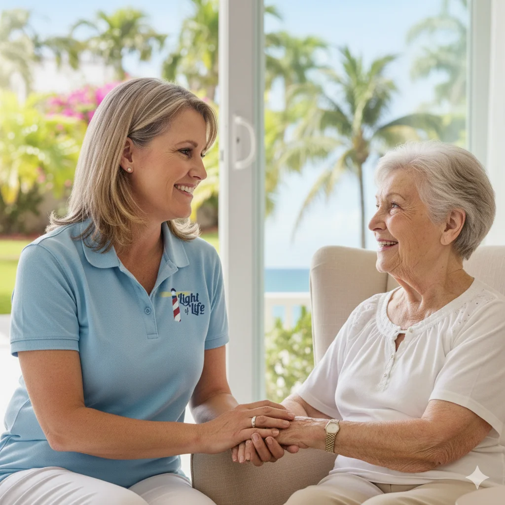A friendly caregiver sharing a smile with an elderly client.