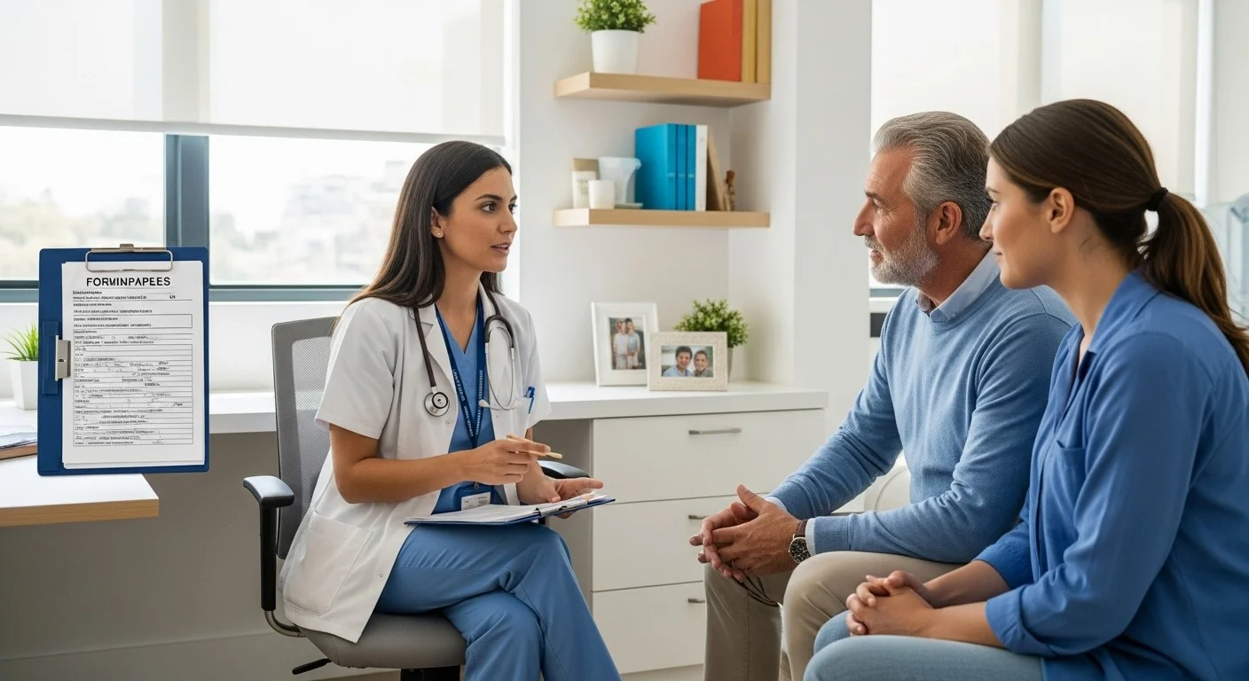 A family member and a healthcare professional reviewing a care plan document together for an elderly loved one.