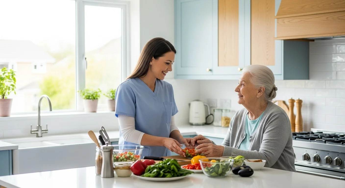 Compassionate caregiver interacting with a senior at home